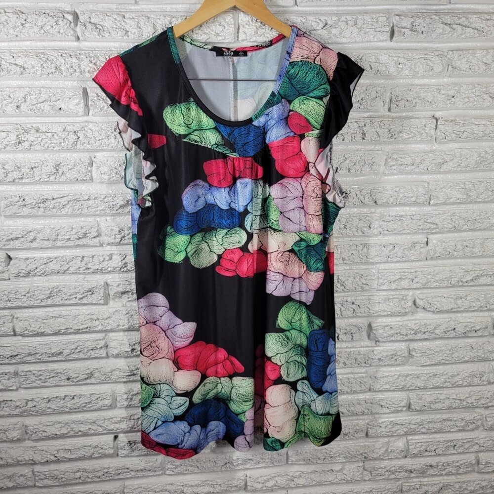Lily Firmiana Women's XL Blue Red Watercolor Cap Sleeve Pullover Mini WAT63E